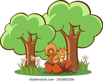 Squirrel and nuts on white background illustration