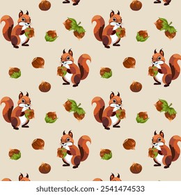 Squirrel with nuts in a pattern.Vector seamless pattern with squirrels and hazelnuts on a light background.