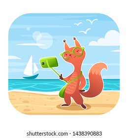 Squirrel on the beach makes selfie. Vector illustration.