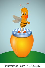 Squirrel on a jar of honey. Vector illustration .