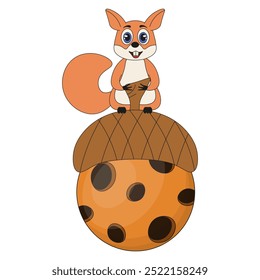 Squirrel on the moon in shape of acorn. Cute squirrel isolated white background. Vector illustration can used t-shirt print. EPS 10 Editable stroke