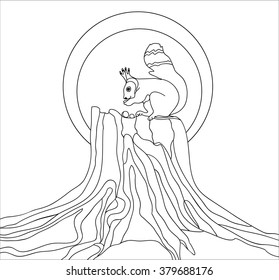The squirrel on a stumpl, coloring page for art-therapy, illustration in doodle style.