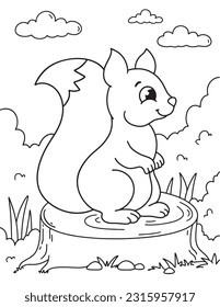 Squirrel on top of a tree trunk holding acorns, black and white outline cartoon vector for coloring page. Printable coloring page template cartoon vector.