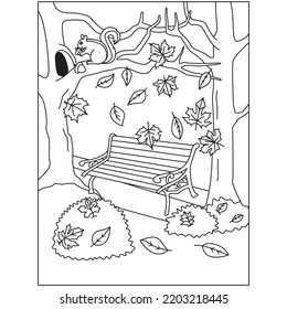 Squirrel on a tree branch and a bench between two trees maple leafs Autumn Fall season coloring pages