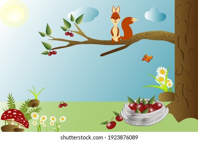 Ardilla sobre un árbol en el bosque comiendo frutas y bayas.