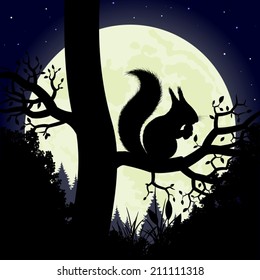 Squirrel on a tree. Silhouette of the squirrel on the background of the moon. Vector illustration. 
