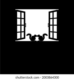 Ardilla en la Ilustración de la silueta de la ventana. Ilustración vectorial