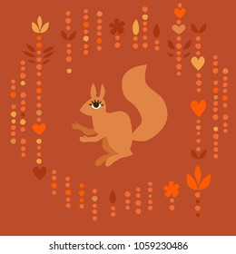 squirrel on yellow with decorative ornamental elements etnic forest grass cartoon flat cute squirrel forest animal