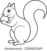 Squirrel outline illustration, holding a nut with its bushy tail curled, drawn with smooth lines on a white background.