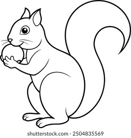 Squirrel outline illustration, holding a nut with its bushy tail curled, drawn with smooth lines on a white background.