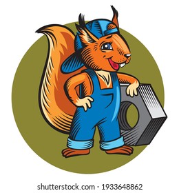 Una ardilla en overoles o ropas de trabajo sostiene una nuez, un herrero ardilla. 