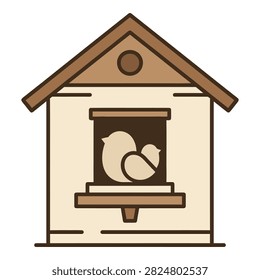 A squirrel peeks out of a birdhouse with a brown roof and beige walls, creating a cute wildlife scene