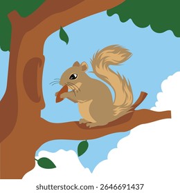 Squirrel perched on a tree branch, eating seeds with its tiny paws. A charming wildlife moment perfect for nature, forest animals, and woodland scenes.