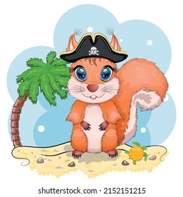 Squirrel pirate, cartoon character of the game, wild animal in a bandana and a cocked hat with a skull, with an eye patch. Character with bright eyes on the beach with palm trees