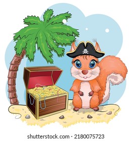 Squirrel pirate, cartoon character of the game, wild animal in a bandana and a cocked hat with a skull, with an eye patch. Character with bright eyes and treasure chest