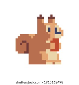 Squirrel pixel art cartoon character. Video game sprite. Stickers and embroidery design. 80s style. Isolated vector illustration. 