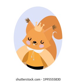  
squirrel portrait in crown in a oval frame on the white background
