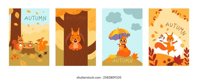 Squirrel posters. Cute squirrels characters drinking tea, jumping, looking from tree hollow. Positive autumn cards design with animals, classy vector template