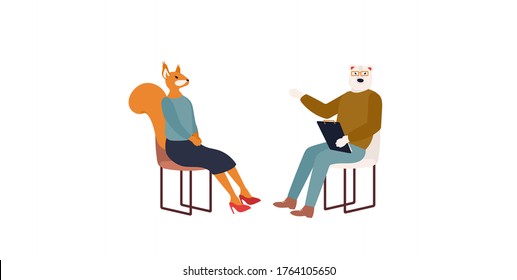 Squirrel at a psychologist's appointment background. Modern illustration slider site page. Web banner doctor bear tries to help a patient in a psychotherapy session concept. Vector design image.