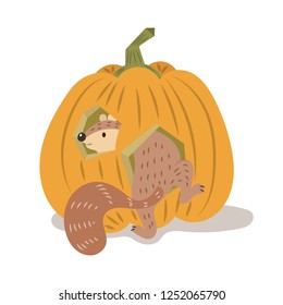 A squirrel in pumpkin vector cartoon. Pastel cute squirrel vector illustration isolated on white background. 