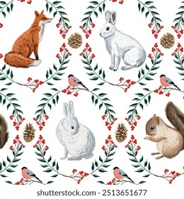 Squirrel, rabbit, fox and bullfinch with branch winter pattern. Christmas animal wallpaper.