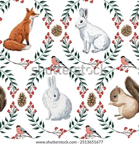 Squirrel, rabbit, fox and bullfinch with branch winter pattern. Christmas animal wallpaper.