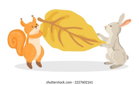 Squirrel and rabbit holding leaf vector illustration. Cartoon illustration of squirrel and rabbit holding big yellow leaf with their paws isolated on white background. Animals, autumn concept.