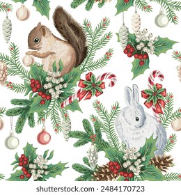 Squirrel, rabbit, mistletoe, fir branch, candy cane and Christmas tree toy seamless pattern. Christmas winter animal wallpaper.