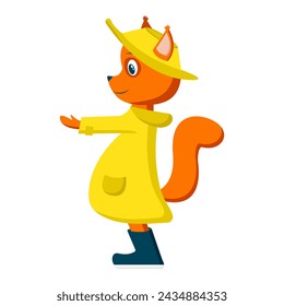 Squirrel in raincoat and rubber boots extended its paws. Doodle character for children. Forest animal with fluffy tail in waterproof clothing. Rodent. Isolated. Bright colors. Vector illustration