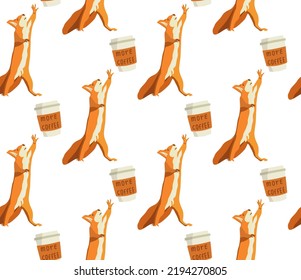 A squirrel reaches for a glass of coffee. Seamless pattern. Image of a squirrel in vector