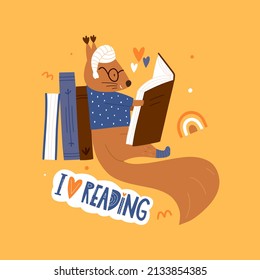 Squirrel reading books vector illustration. Book store or library with literature for kids. Cartoon vector style. 