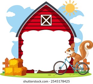 Squirrel rides a bike near a red barn