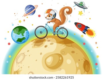 Squirrel rides a bike on the moon, exploring space