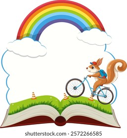 Squirrel rides a bike over an open book