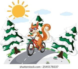 A squirrel rides a bike in a snowy landscape