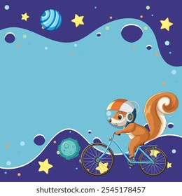 Ardilla monta una bicicleta a través de una escena cósmica