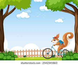 A squirrel rides a bike under clear skies