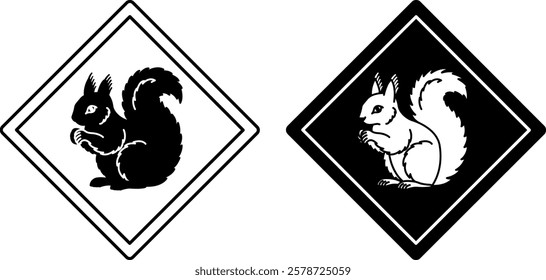 Squirrel Road Signs. Black and White Vector Icons. Road Sign Warning about Crossing the Road by Animals. Sticker for Zoo