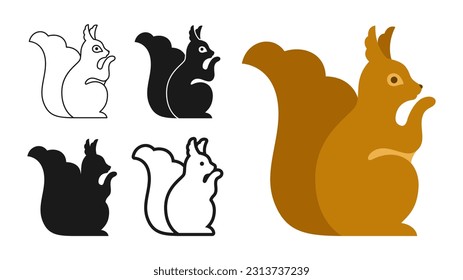 Squirrel rodent wild animal cartoon style set. Forest red squirrels symbol, line doodle, stamp or silhouette collection. Flat funny character animal icon. Drawn simple abstract zoo vector illustration