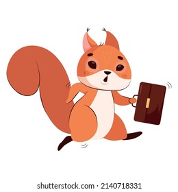 Squirrel rushing to work cartoon vector illustration. Pretty wildlife animal with bag running to work in morning, hurrying up to meeting. Rodent, lateness, job concept