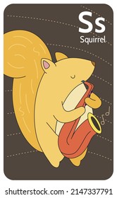 Squirrel S letter. A-Z Alphabet collection with cute cartoon animals in 2D. Yellow squirrel with closed eyes standing and playing the saxophone. Hand-drawn funny simple style.