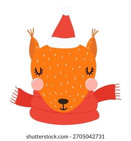Ardilla en un sombrero de Santa, bufanda roja aislada en transparente. Ilustración vectorial plana dibujada a mano. Lindo personaje de dibujos animados. Navidades tradicionales, elemento de diseño del año Nuevo, arte del Clip