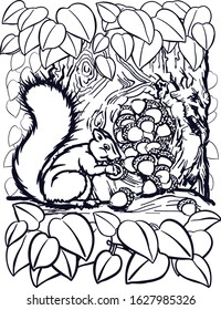 Squirrel saving with a pile of acorns overflowing out of a hole in the tree as the squirrel with a long furry tail holds a single nut close to his chest. Loose line art 