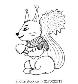 Squirrel in scarf with mushroom. Vector doodle illustration for coloring page 