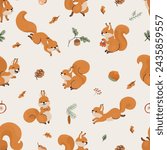Squirrel seamless pattern. Cute forest squirrels, cartoon funny wild characters. Vintage style childish fabric print, nowaday vector background