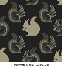 Squirrel. Seamless pattern with drawing animals and silhouettes. Hand graphic of wildlife. Vector illustration art. Black and gold. Old engraving. Vintage. Design for fabrics, paper, textiles, fashion