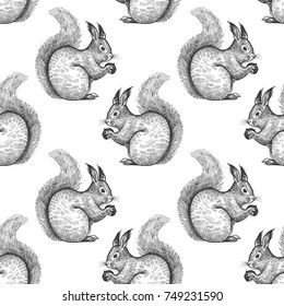 Squirrel. Seamless pattern with forest animals. Hand drawing of wildlife. Vector illustration art. Black and white. Old engraving. Vintage. Design for fabrics, paper, textiles, fashion.