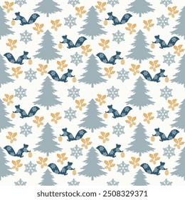 Squirrel seamless pattern silhouette style with trees and snowflakes