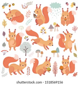 Squirrel set hand drawn style. Cute Woodland characters playing, sleeping, relaxing and having fun.  Vector illustration.