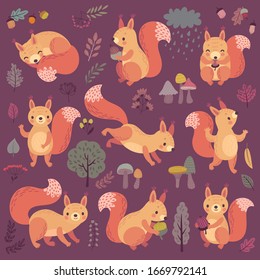 Squirrel set hand drawn style. Cute Woodland characters playing, sleeping, relaxing and having fun.  Vector illustration.